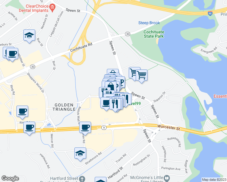 map of restaurants, bars, coffee shops, grocery stores, and more near 1245 Worcester Street in Natick