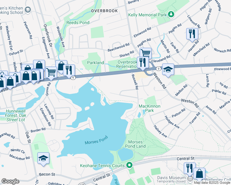 map of restaurants, bars, coffee shops, grocery stores, and more near 33 Bay View Road in Wellesley