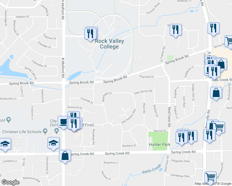 map of restaurants, bars, coffee shops, grocery stores, and more near 6397 Muirfield Lane in Rockford