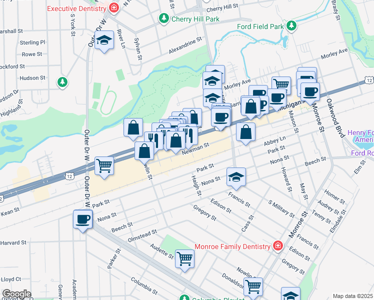 map of restaurants, bars, coffee shops, grocery stores, and more near 22680 Newman St in Dearborn