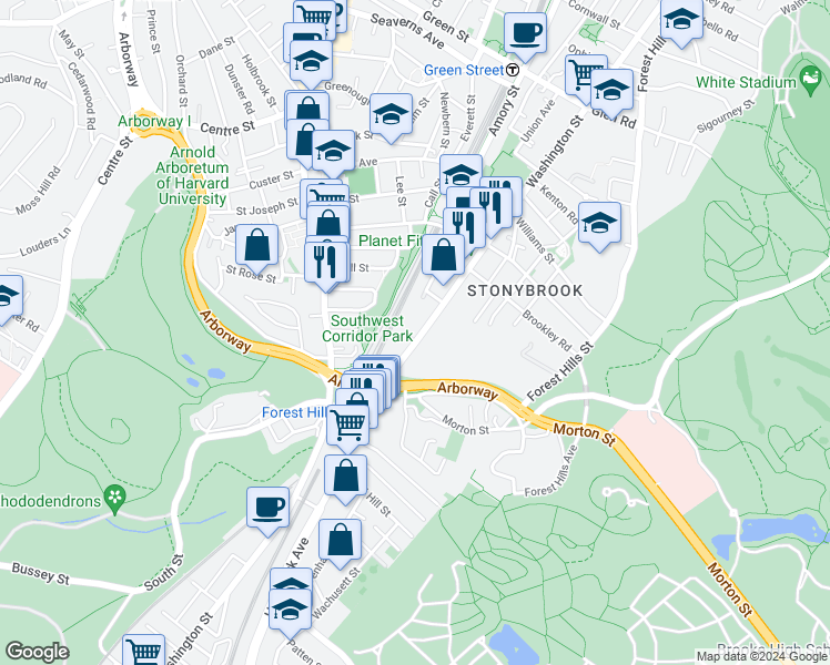 map of restaurants, bars, coffee shops, grocery stores, and more near 3589 Washington Street in Boston