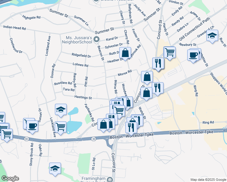 map of restaurants, bars, coffee shops, grocery stores, and more near 10 Royce Road in Framingham