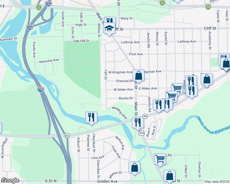 map of restaurants, bars, coffee shops, grocery stores, and more near 51 East Alden Avenue in Battle Creek