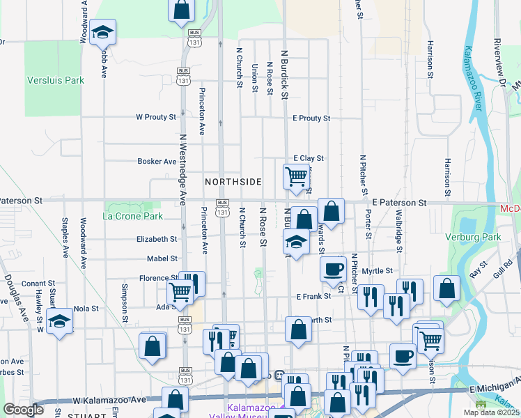 map of restaurants, bars, coffee shops, grocery stores, and more near 1215 North Rose Street in Kalamazoo
