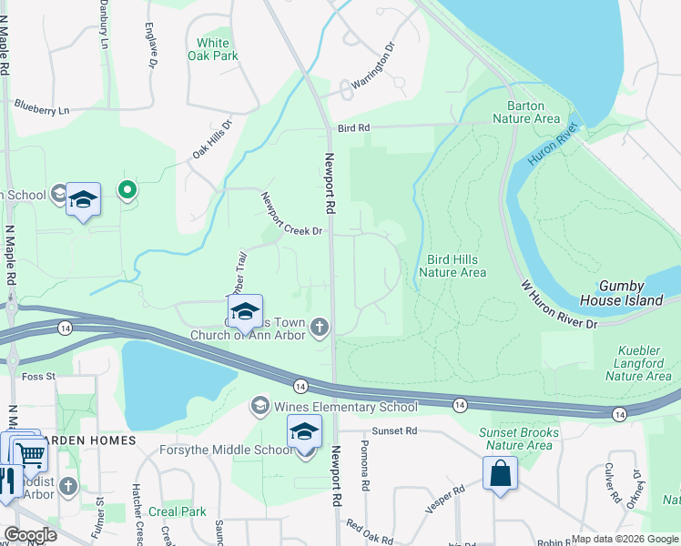 map of restaurants, bars, coffee shops, grocery stores, and more near 2120 Newport Road in Ann Arbor