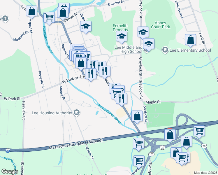 map of restaurants, bars, coffee shops, grocery stores, and more near 60 Housatonic Street in Lee