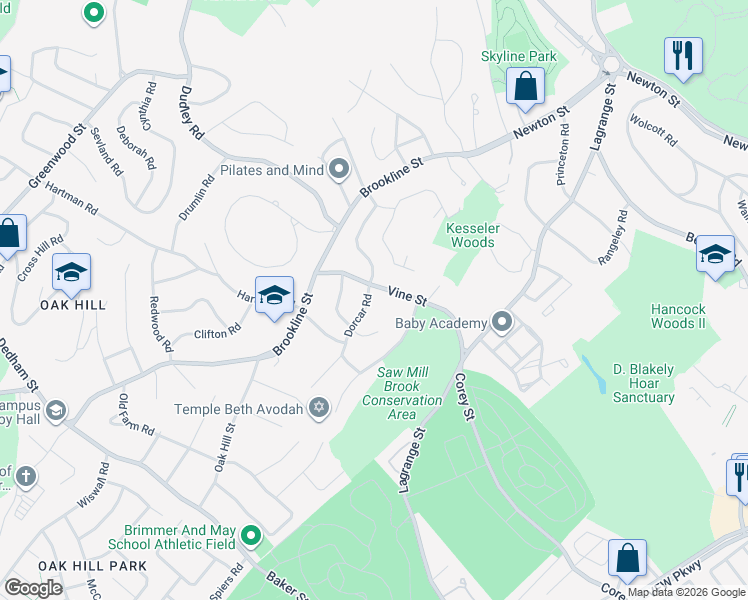 map of restaurants, bars, coffee shops, grocery stores, and more near 14 Dorcar Road in Newton