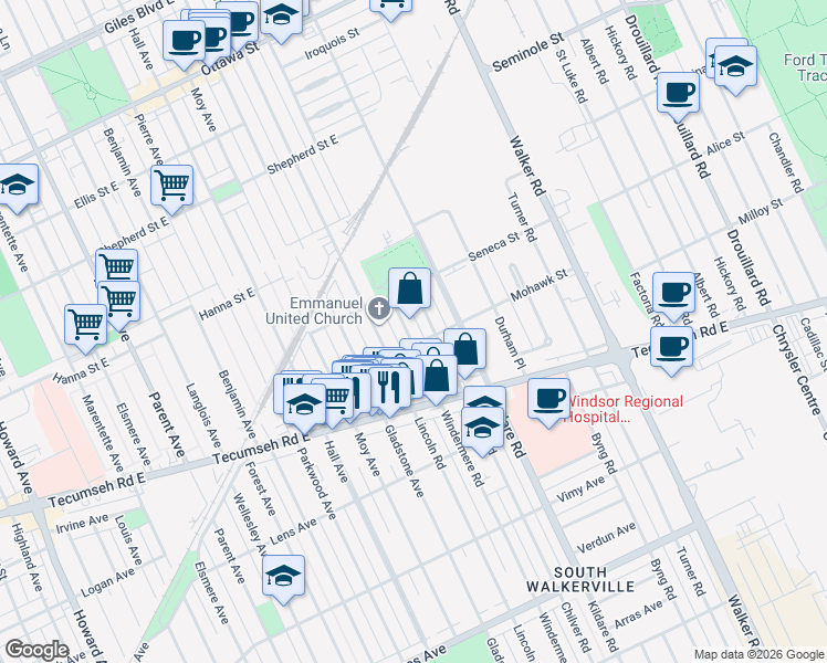 map of restaurants, bars, coffee shops, grocery stores, and more near 1780 Windermere Road in Windsor