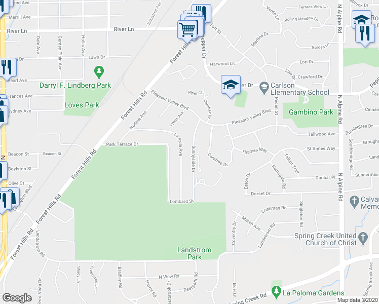 map of restaurants, bars, coffee shops, grocery stores, and more near 3024 Sunnyside Drive in Rockford