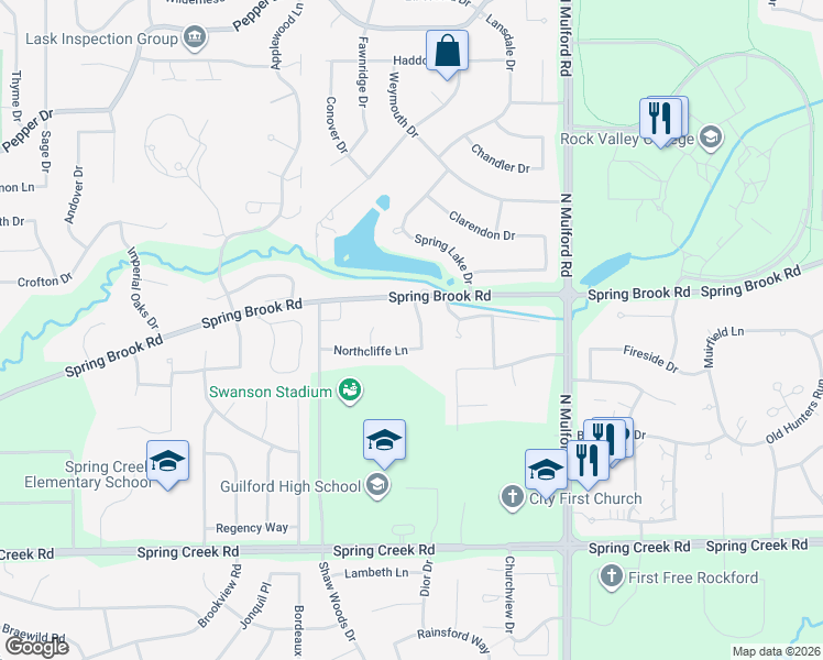 map of restaurants, bars, coffee shops, grocery stores, and more near 2934 Troon Court in Rockford