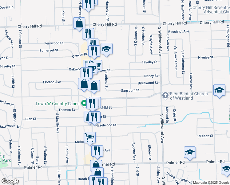 map of restaurants, bars, coffee shops, grocery stores, and more near 35133 Sansburn Street in Westland