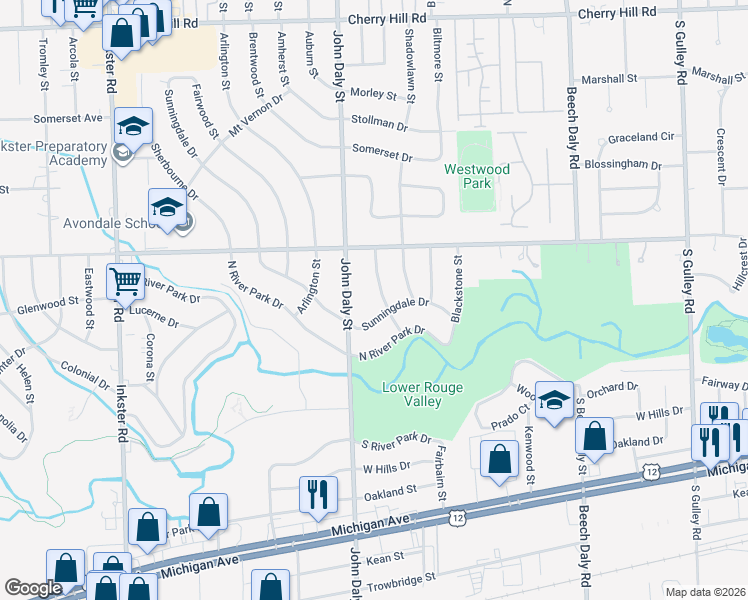 map of restaurants, bars, coffee shops, grocery stores, and more near 1152 Meadowbrook Street in Inkster