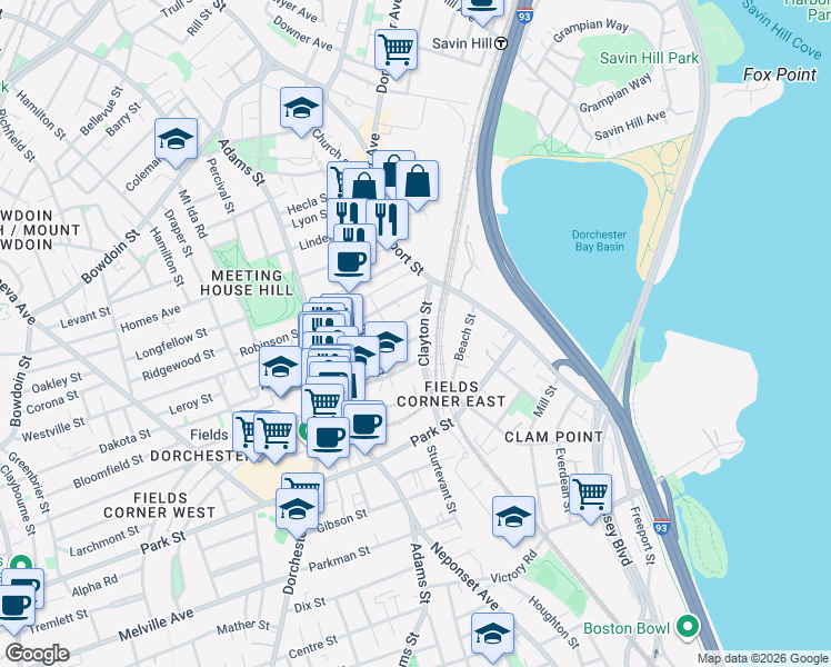 map of restaurants, bars, coffee shops, grocery stores, and more near 80 Granger Street in Boston
