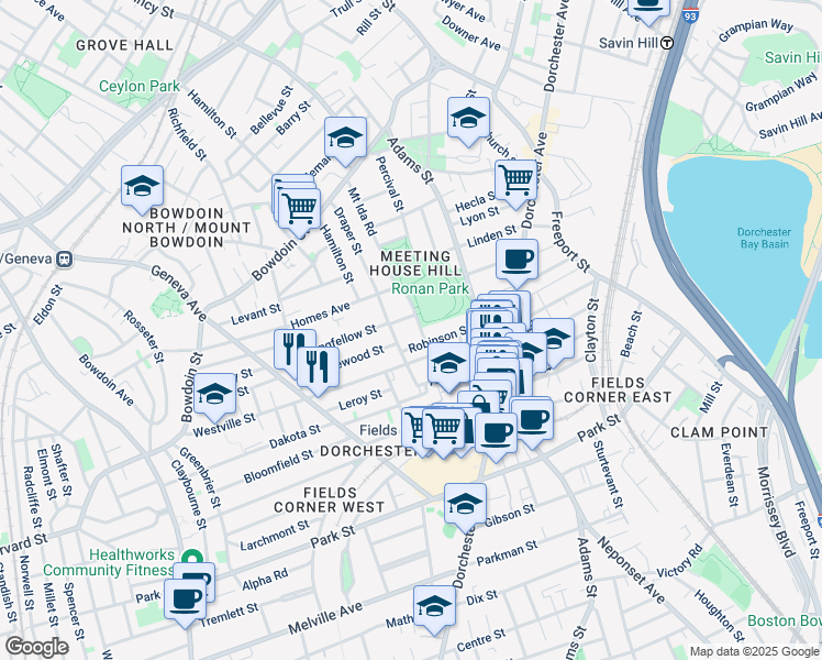 map of restaurants, bars, coffee shops, grocery stores, and more near 13 Bentham Road in Boston