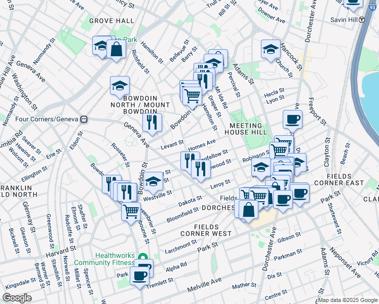 map of restaurants, bars, coffee shops, grocery stores, and more near 63 Homes Avenue in Boston