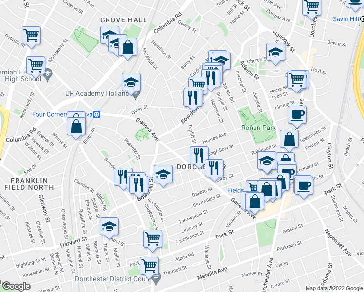 map of restaurants, bars, coffee shops, grocery stores, and more near 30 Homes Avenue in Boston