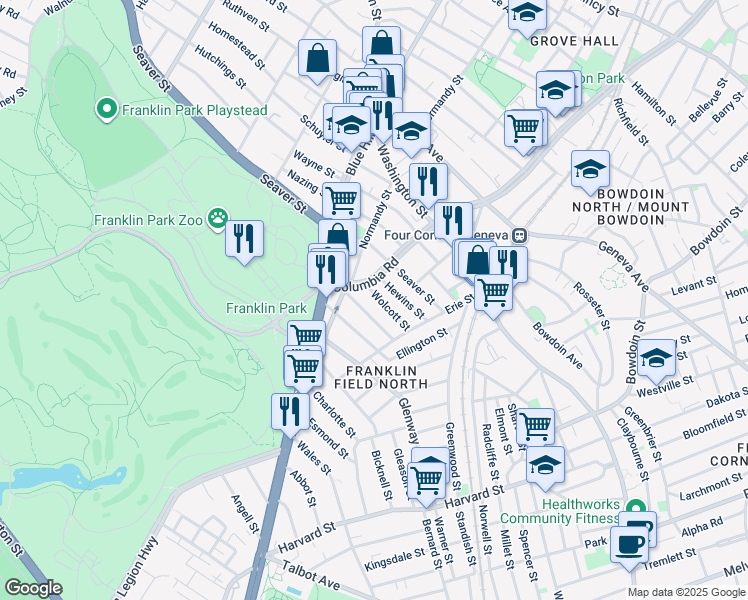 map of restaurants, bars, coffee shops, grocery stores, and more near 6 Michigan Avenue in Boston