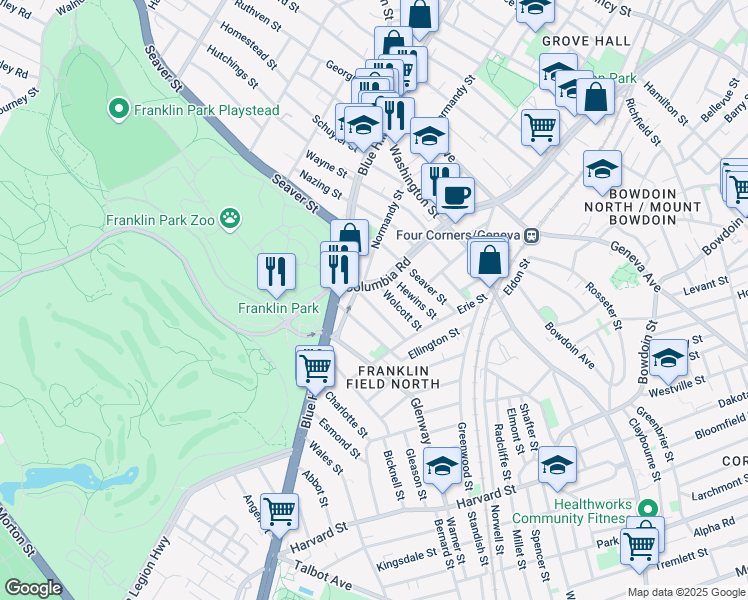 map of restaurants, bars, coffee shops, grocery stores, and more near 6 Michigan Avenue in Boston