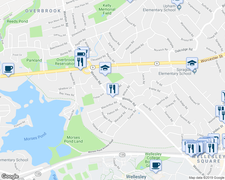 map of restaurants, bars, coffee shops, grocery stores, and more near 271 Weston Road in Wellesley