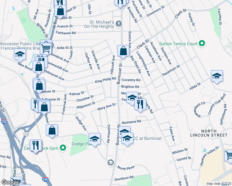 map of restaurants, bars, coffee shops, grocery stores, and more near 246 Burncoat Street in Worcester