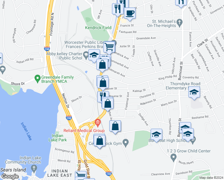 map of restaurants, bars, coffee shops, grocery stores, and more near 34 Andover Street in Worcester