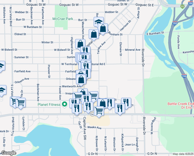 map of restaurants, bars, coffee shops, grocery stores, and more near 26 Grand Boulevard in Battle Creek