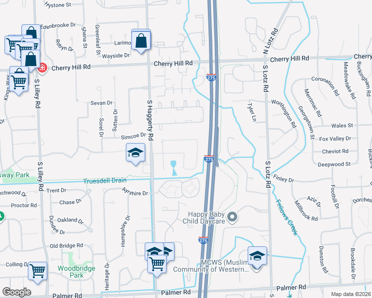 map of restaurants, bars, coffee shops, grocery stores, and more near 40965 Westfield Circle in Canton