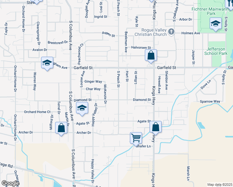map of restaurants, bars, coffee shops, grocery stores, and more near 1878 South Peach Street in Medford
