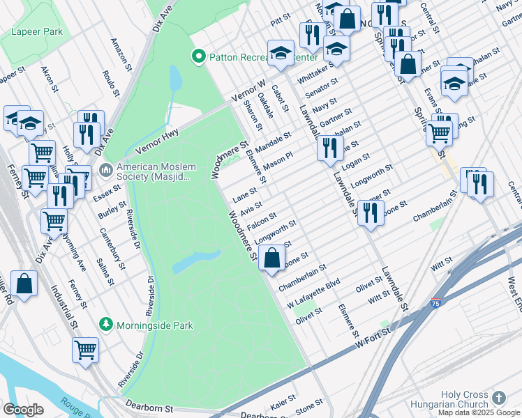map of restaurants, bars, coffee shops, grocery stores, and more near 9214 Avis Street in Detroit