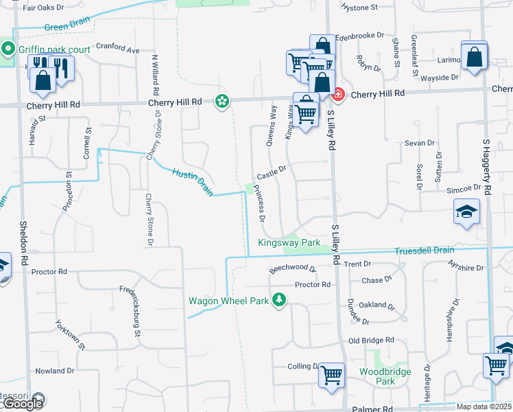 map of restaurants, bars, coffee shops, grocery stores, and more near 658 Princess Drive in Canton