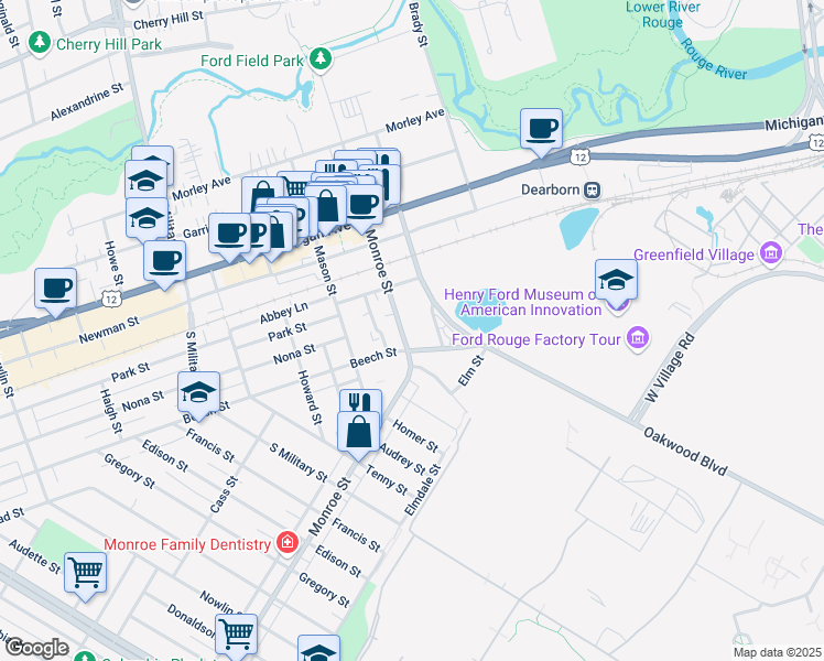 map of restaurants, bars, coffee shops, grocery stores, and more near 1331 Monroe Street in Dearborn