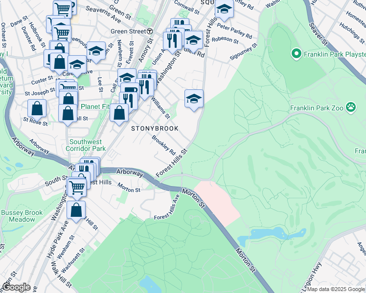 map of restaurants, bars, coffee shops, grocery stores, and more near 281 Forest Hills Street in Boston