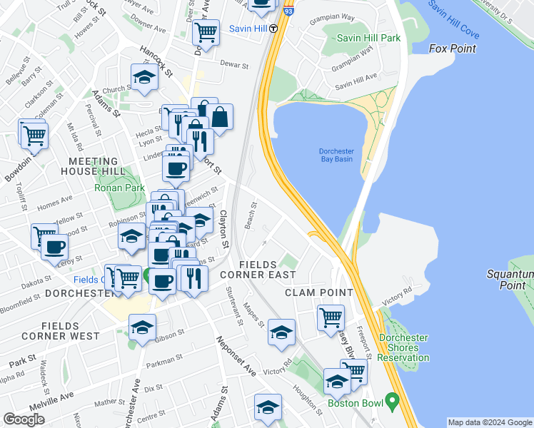 map of restaurants, bars, coffee shops, grocery stores, and more near 229-233 Freeport Street in Boston