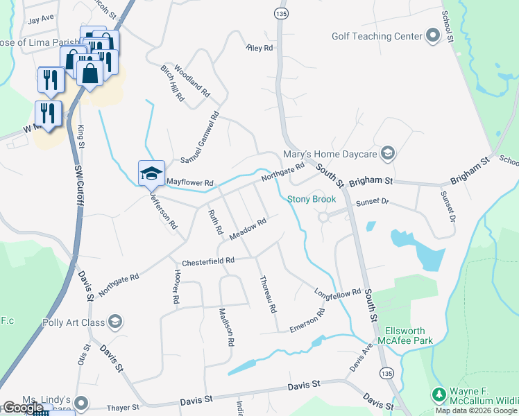 map of restaurants, bars, coffee shops, grocery stores, and more near 16 Meadow Road in Northborough