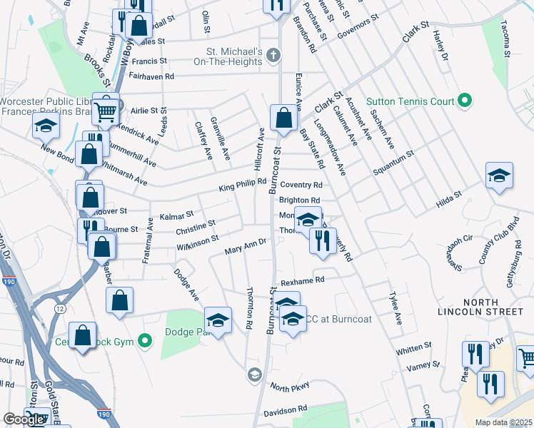 map of restaurants, bars, coffee shops, grocery stores, and more near 246 Burncoat Street in Worcester