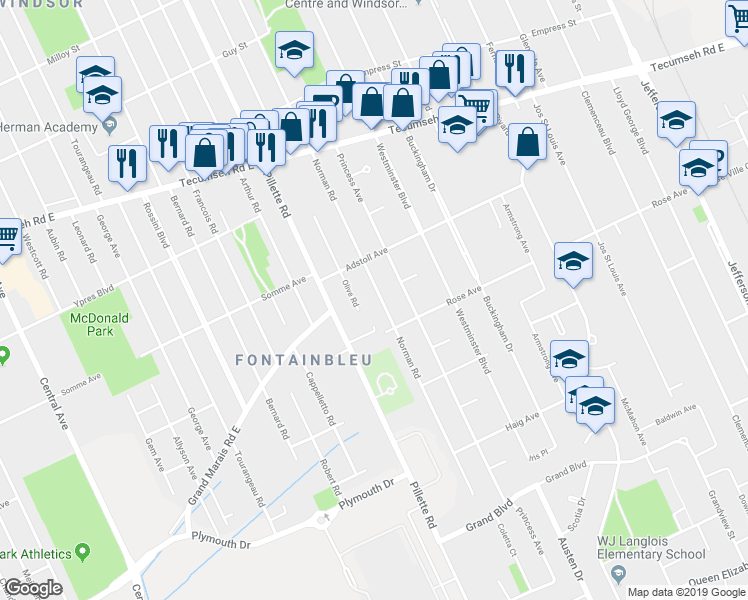 map of restaurants, bars, coffee shops, grocery stores, and more near 2557 Norman Road in Windsor