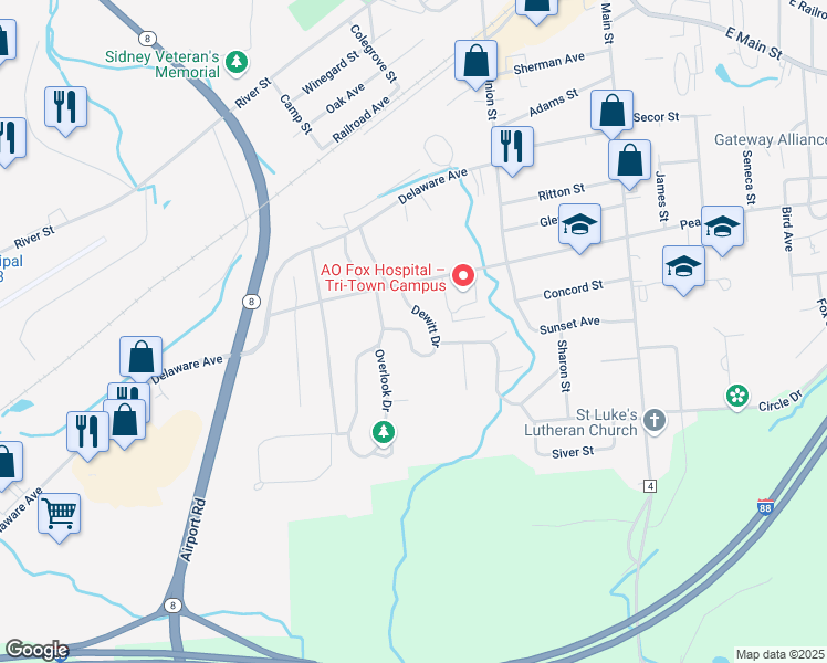 map of restaurants, bars, coffee shops, grocery stores, and more near 30 Dewitt Dr in Sidney
