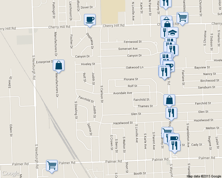 map of restaurants, bars, coffee shops, grocery stores, and more near 36245 Florane Street in Westland
