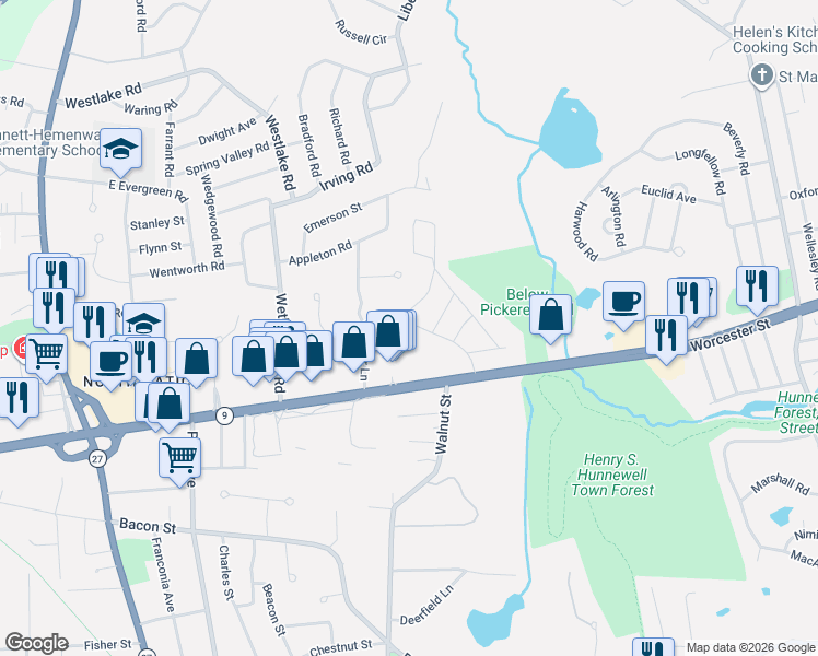 map of restaurants, bars, coffee shops, grocery stores, and more near 18 Centre Street in Natick