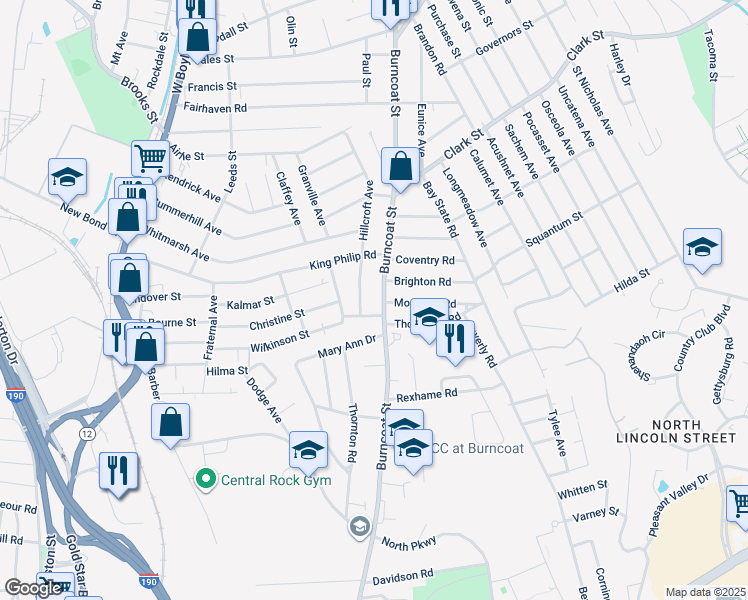 map of restaurants, bars, coffee shops, grocery stores, and more near 246 Burncoat Street in Worcester