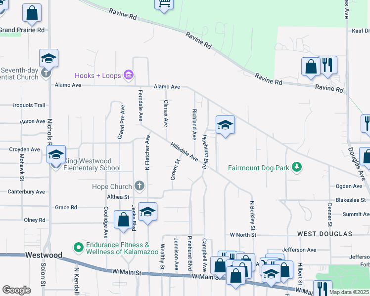 map of restaurants, bars, coffee shops, grocery stores, and more near 2230 Hillsdale Avenue in Kalamazoo