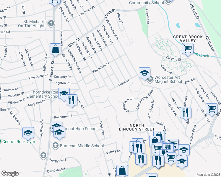 map of restaurants, bars, coffee shops, grocery stores, and more near 119 Acushnet Ave in Worcester