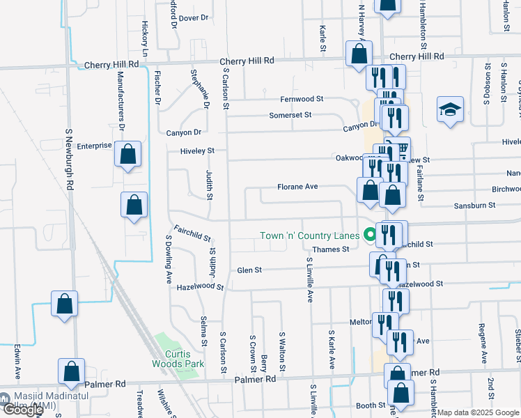 map of restaurants, bars, coffee shops, grocery stores, and more near 36035 Rolf Street in Westland