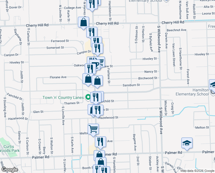 map of restaurants, bars, coffee shops, grocery stores, and more near 960 Fairlane Street in Westland