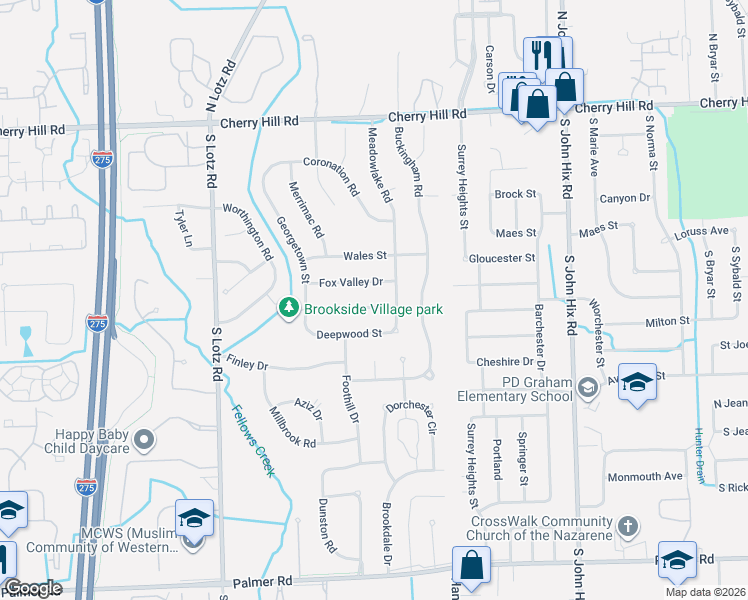 map of restaurants, bars, coffee shops, grocery stores, and more near 39762 Cheviot Road in Canton