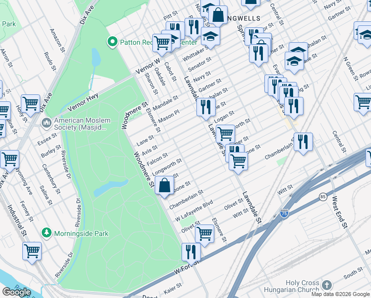 map of restaurants, bars, coffee shops, grocery stores, and more near 8853 Falcon St in Detroit