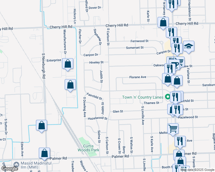 map of restaurants, bars, coffee shops, grocery stores, and more near 912 South Carlson Street in Westland