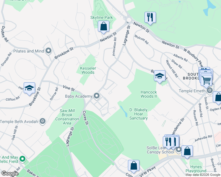 map of restaurants, bars, coffee shops, grocery stores, and more near 55 Broadlawn Drive in Newton
