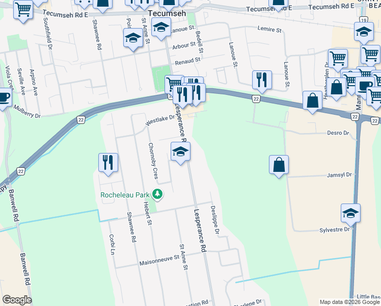 map of restaurants, bars, coffee shops, grocery stores, and more near 1718 Lesperance Road in Windsor