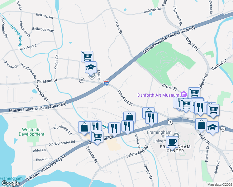 map of restaurants, bars, coffee shops, grocery stores, and more near 200 Pleasant Street in Framingham